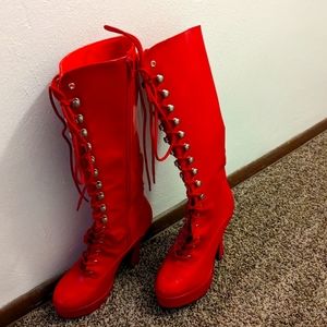 Pleaser Red 6" Size 7 Lace Up Zip Up Knee High Boots